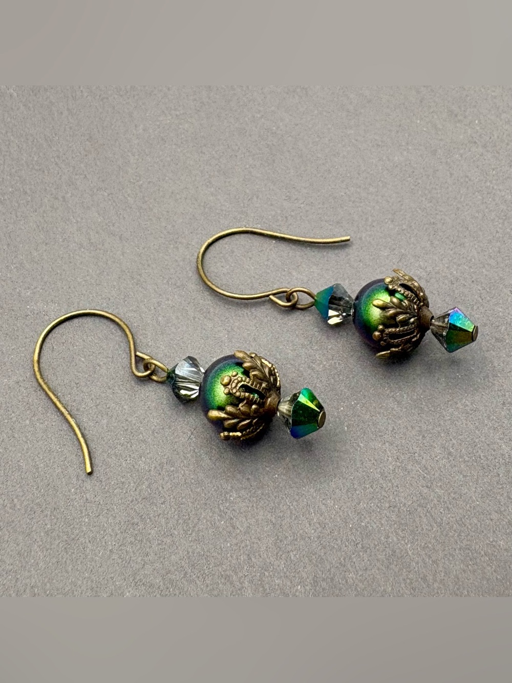 Iridescent Green Swarovski Pearl Drop Earrings with Brass Accents